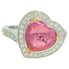 GIA 18K Gold Natural Purplish Pink Heart Shape Cabochon Sapphire & Diamond Ring