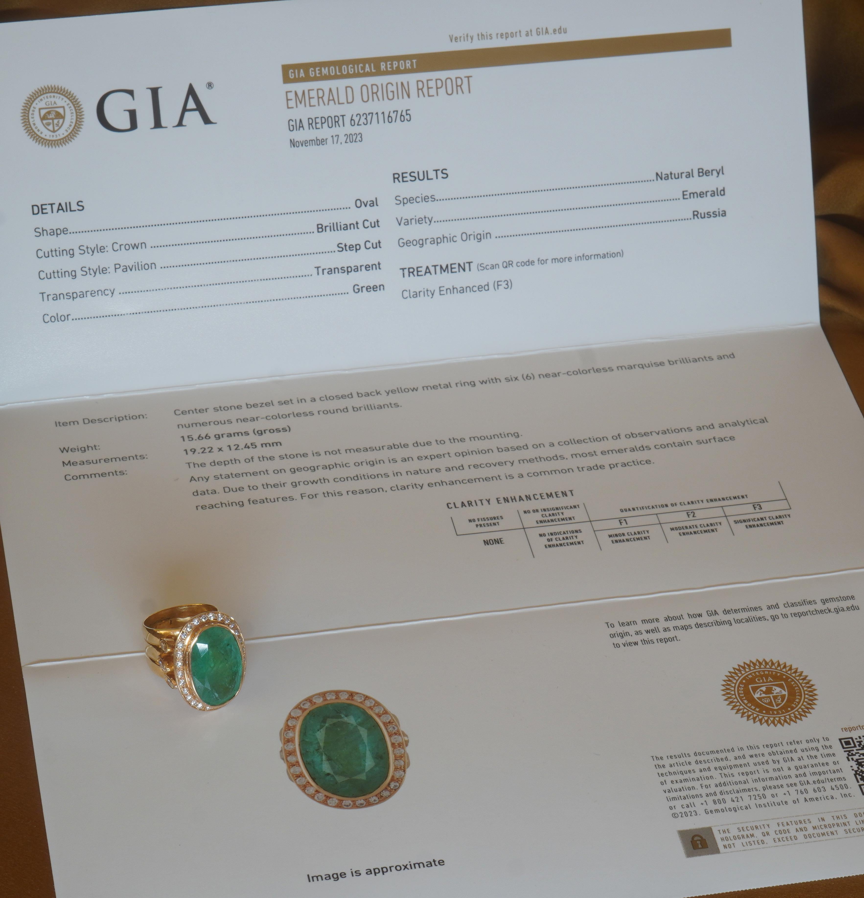 GIA 18K Green Emerald Diamond Ring Certified Huge VS Marquise Vintage 14.63 Cts In Good Condition For Sale In Sylvania, GA