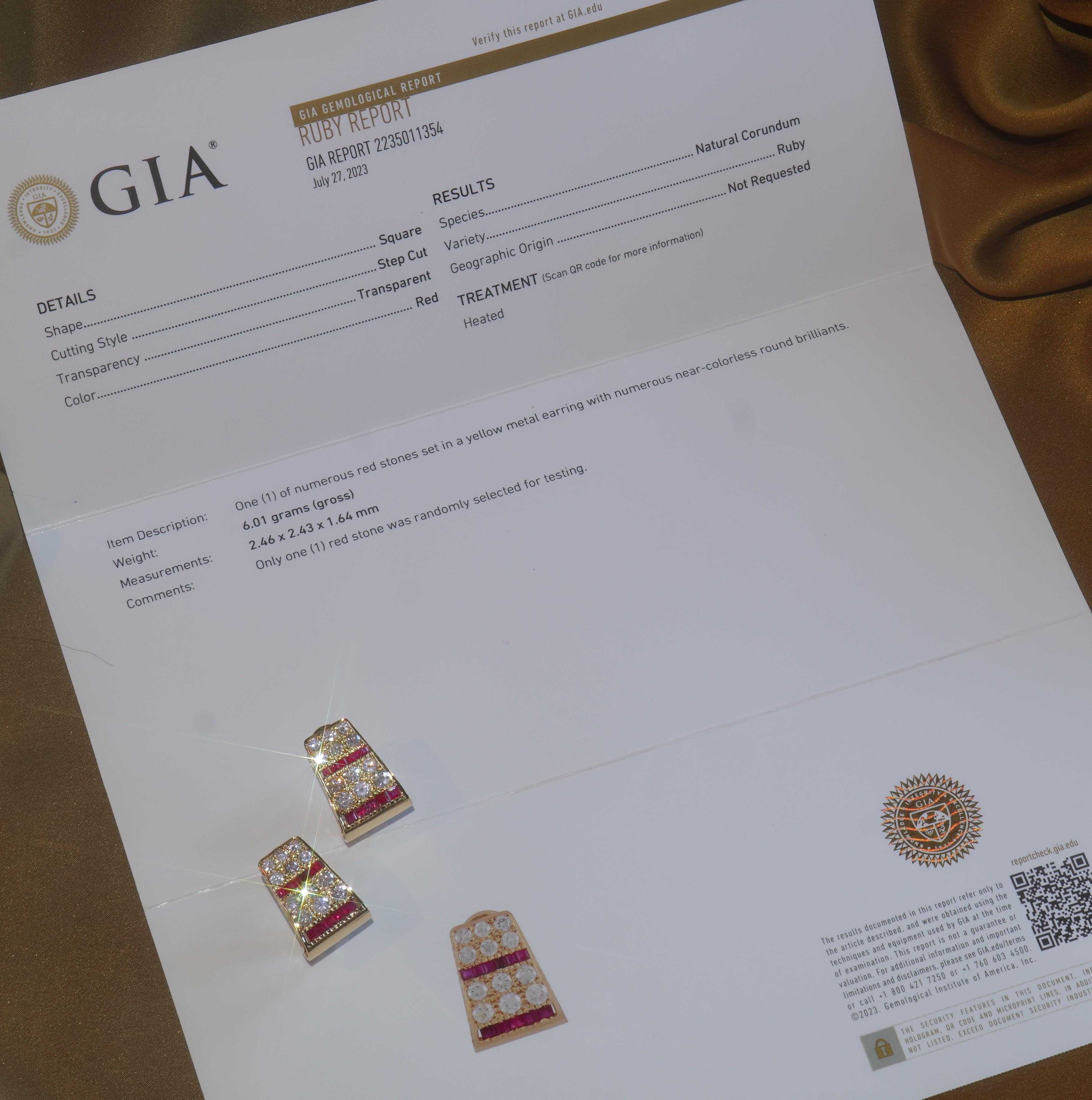 Old South Jewels proudly presents...LUXURY.  FINE GIA CERTIFIED 5.24 CARAT RUBY & DIAMOND VINTAGE 18K SOLID GOLD EARRINGS!  BREATHTAKING NATURAL GEMSTONES.  CROWNED WITH VS SPARKLING DIAMONDS. FINE VINTAGE EARRINGS ARE SOLID HEAVY 18K YELLOW GOLD.  