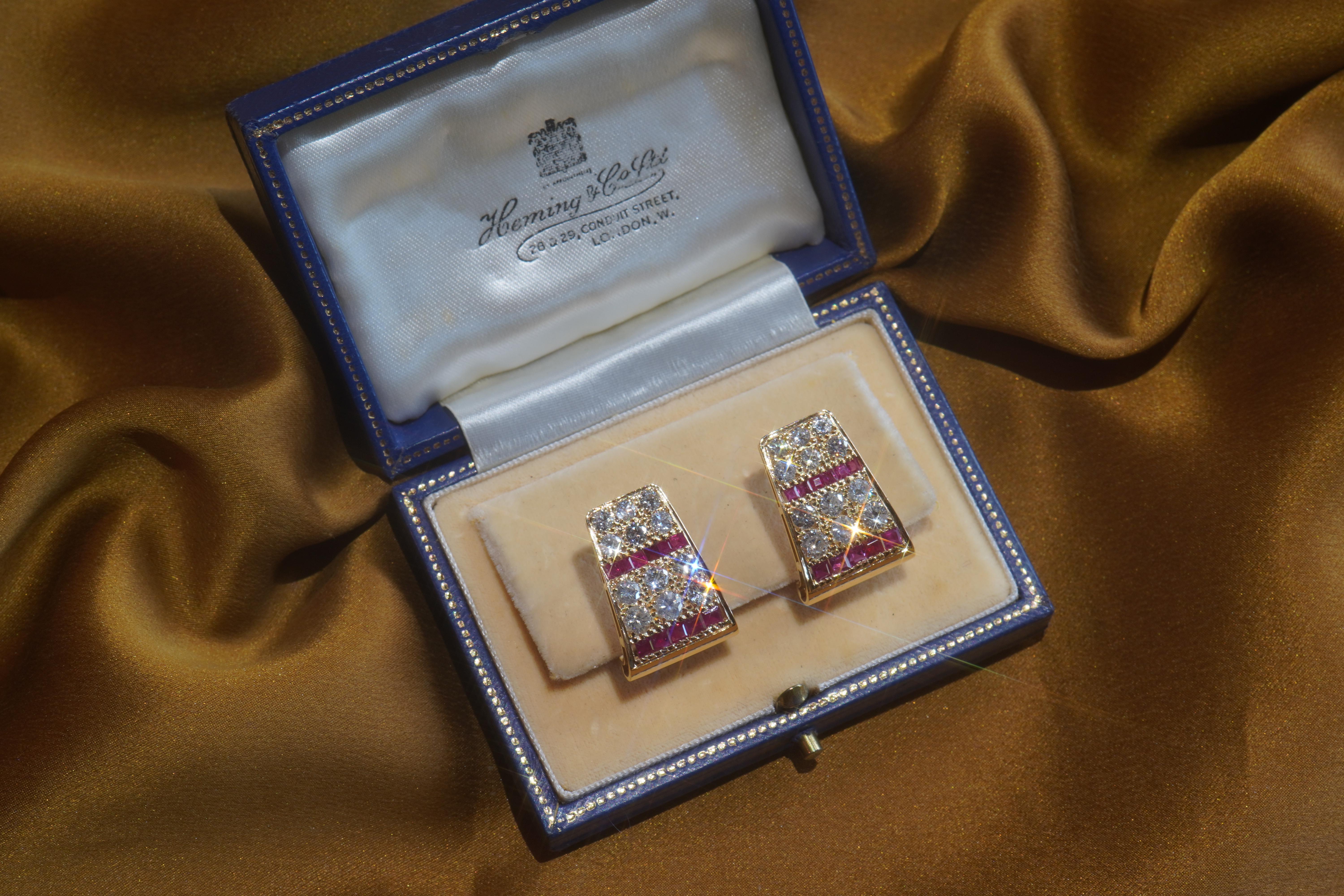 GIA 18K Ruby Earrings Diamond Certified Huggies Gold Vintage Box Huge 5.24 Cts In Good Condition In Sylvania, GA