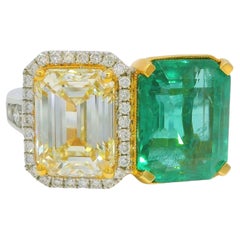 GIA 18K Two-Tone Gold Natural Diamond & Emerald Toi et Moi Ring In Stock