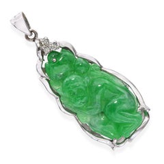 GIA 18K White Gold Carved Green Jadeite Monkey and Diamond Pendant