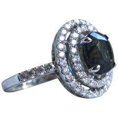 GIA 18 Karat Gold Color Change Garnet Diamond Double Halo Ring Engagement Ring