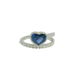 GIA 18K White Gold Natural Heart Sapphire & Diamond Bezel Set Wrap Around Ring