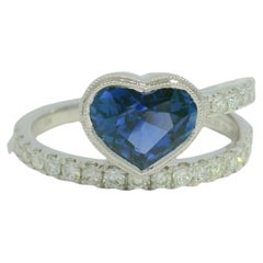 GIA 18K White Gold Natural Heart Sapphire & Diamond Bezel Set Wrap Around Ring