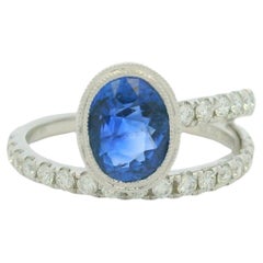 GIA 18K White Gold Natural Oval Sapphire & Diamond Bezel Set Wrap Around Ring