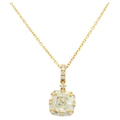 GIA 18K Yellow Gold 1.00 Carat Cushion Cut Diamond Halo Pendant Necklace