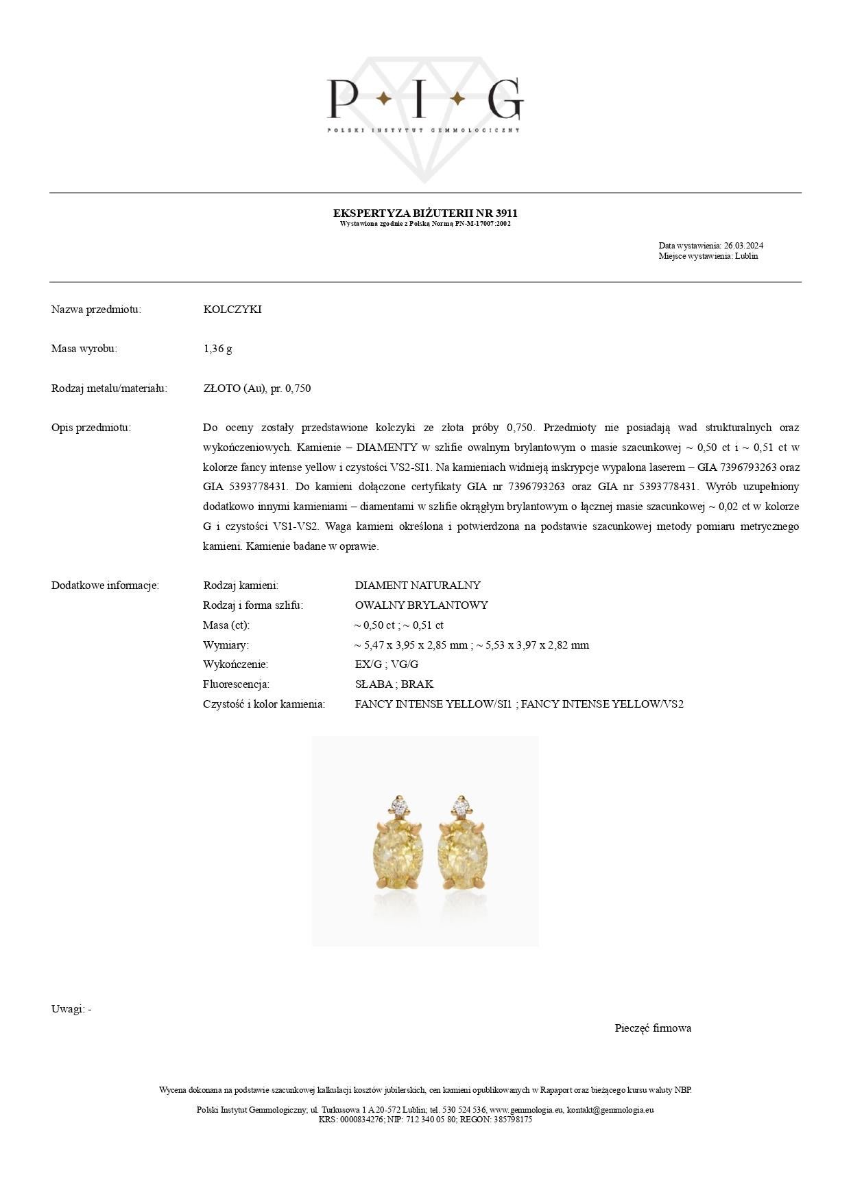 Boucles d'oreilles en or jaune GIA 18 carats avec 1,03 carat de diamants jaunes et blancs en vente 1