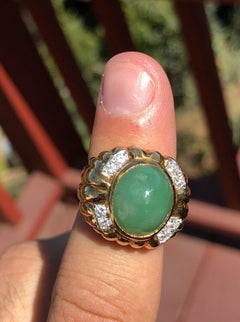 GIA 18 Karat Gold Natural Untreated Jadeite Jade A Diamond Ring 9.54 Carat 15g