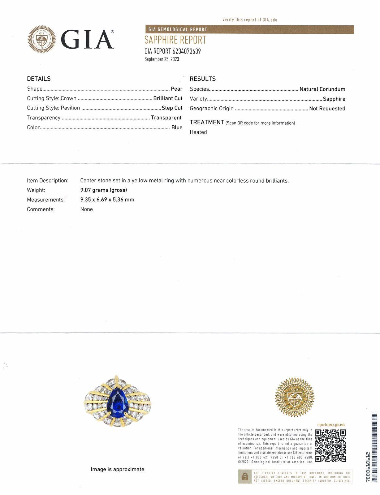 
Specifications:


Main Stone: Pear Cut Blue Sapphire 9.35x6.69x5.36mm

Side stones: Diamonds 42 Pieces

Diamond Color: H

Diamond Clarity: VS2

Metal: 18K Gold (Au 70-75%)

Weight: 9 gr

Ring Size: 6.75 US

Hallmark:'18K'

Certification: GIA
