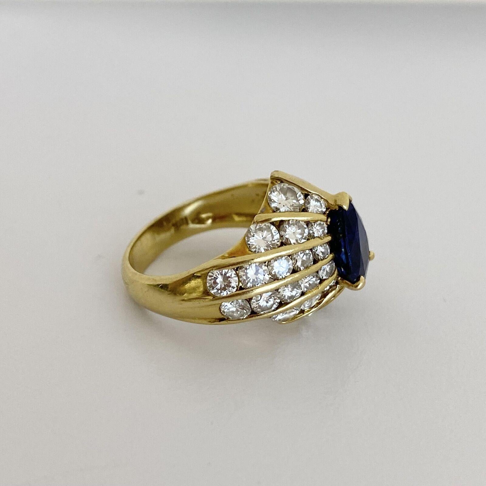 Pear Cut GIA 18K Yellow Gold Pear Shape BLUE SAPPHIRE DIAMOND Ring For Sale