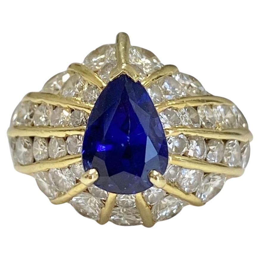 GIA 18K Yellow Gold Pear Shape BLUE SAPPHIRE DIAMOND Ring For Sale