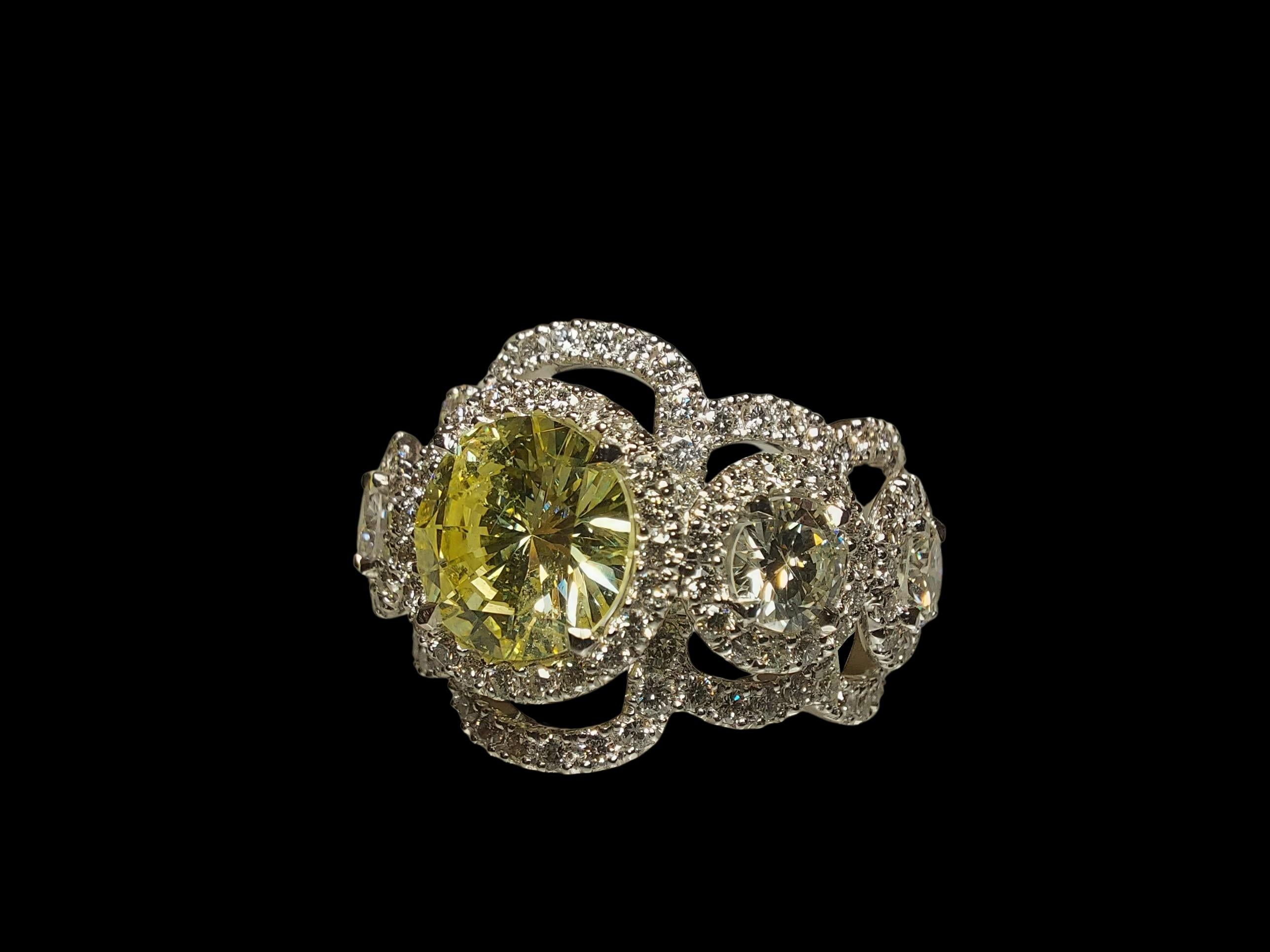 Artisan GIA 18kt White Gold Ring 2ct Fancy Yellow Diamond & 4.2 Ct Surrounding Diamonds For Sale