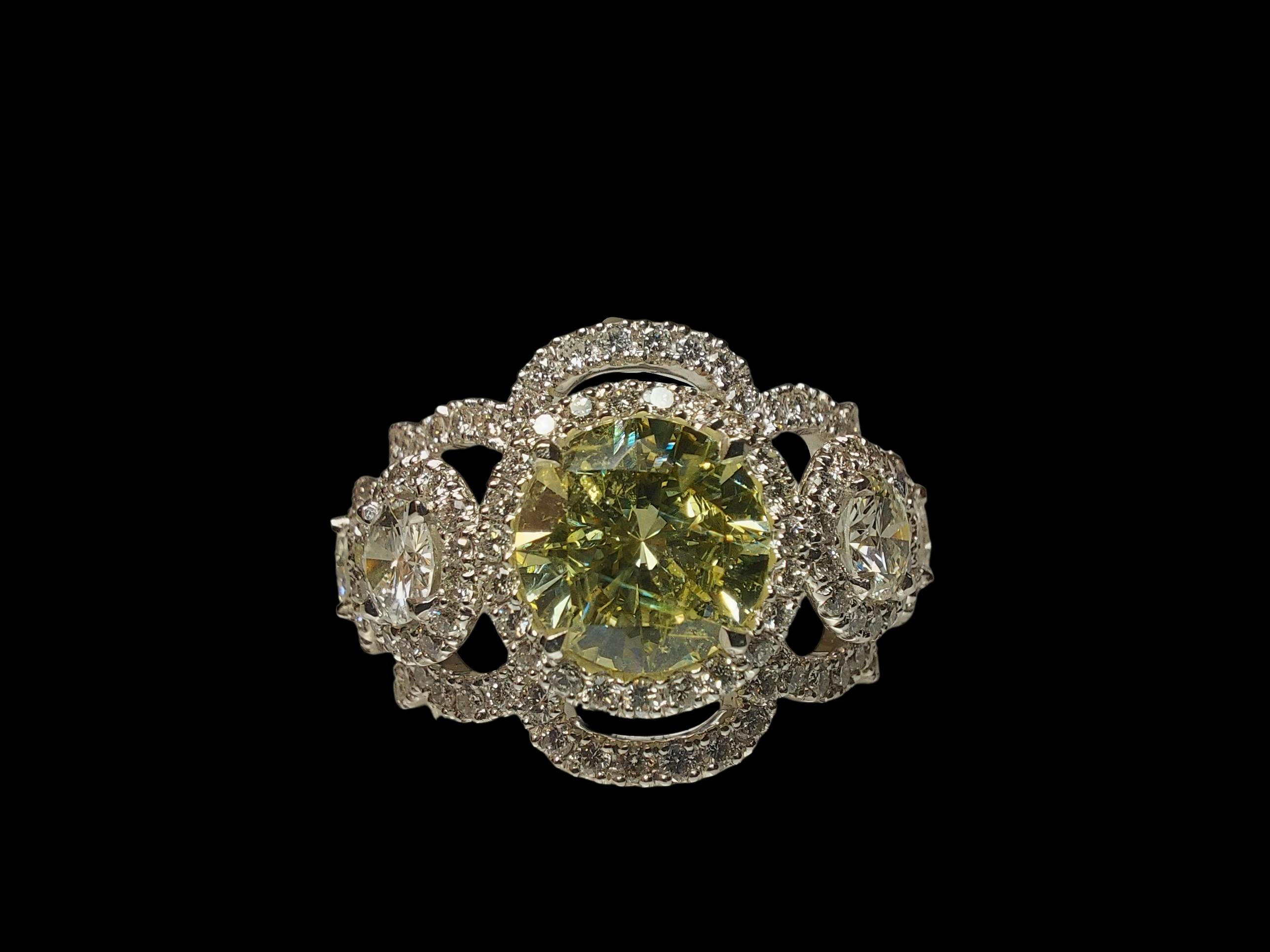 Brilliant Cut GIA 18kt White Gold Ring 2ct Fancy Yellow Diamond & 4.2 Ct Surrounding Diamonds For Sale