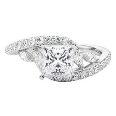 GIA 1.9 Carat Princess Curved Bypass Leaf & Vine 18K White Gold Diamond Ring
