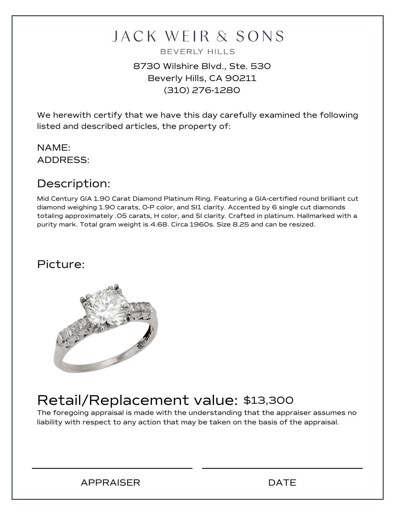 De las mujeres GIA Anillo de compromiso de platino con diamante de 1,90 quilates en venta