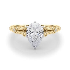 GIA 1.90ct Pear Vintage 3-Stone Heart & Vine 18K Yellow Gold Diamond Ring
