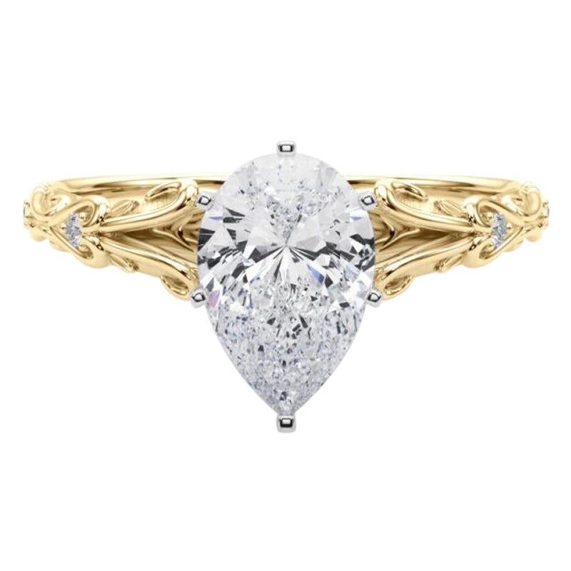 GIA 1,90ct Pear Vintage 3-Stone Heart & Vine Anello con diamanti in oro giallo 18K