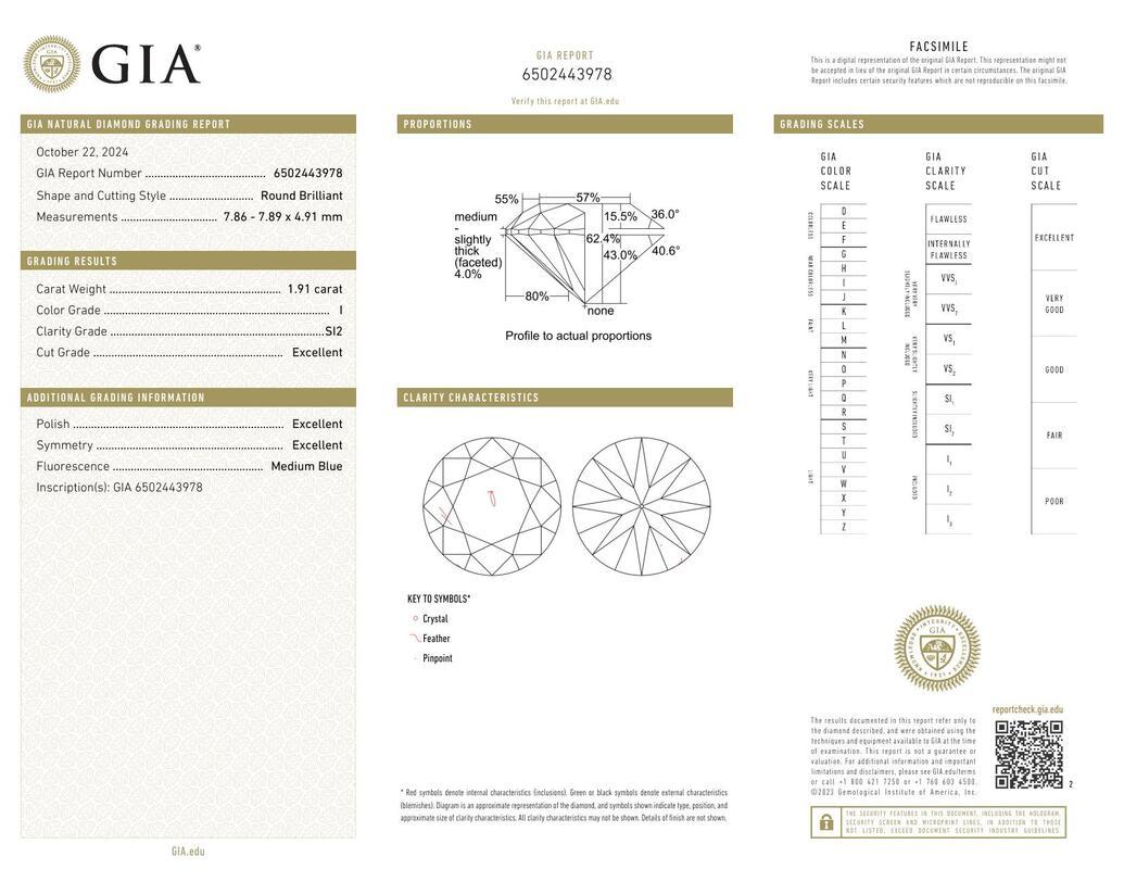 Contemporaneo GIA 1,91ct Solitario rotondo senza tempo e anello con diamante a fascia in oro bianco in vendita