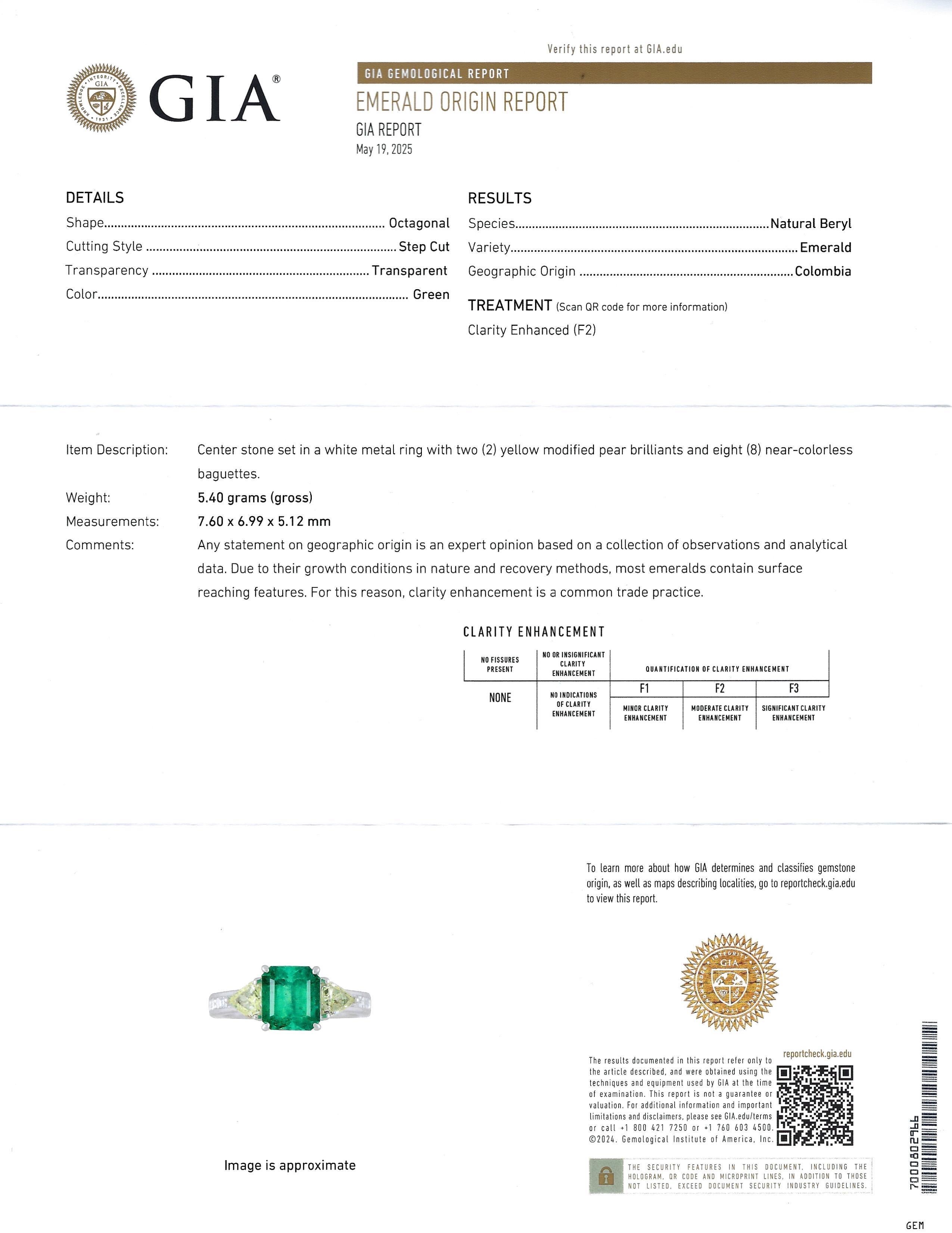 GIA 1.93 ct Colombian Emerald and Diamond Ring in Platinum 

Emerald and Diamond Three-Stone Ring features a GIA certified Colombian Emerald weighing 1.93 carats accented by two Rose-cut Trillion Diamonds on the sides with Baguette Diamonds going