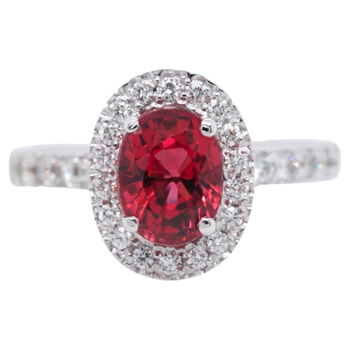 GIA 1.93 ct Oval Cut Natural Spinel & 0.7 ct Diamond 18K White Gold Halo Ring