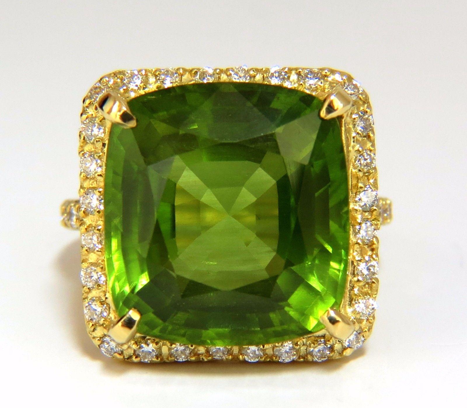 Victorian GIA 19.30 Carat Natural Vivid Green Cushion Peridot Diamond Ring Halo 18 Karat