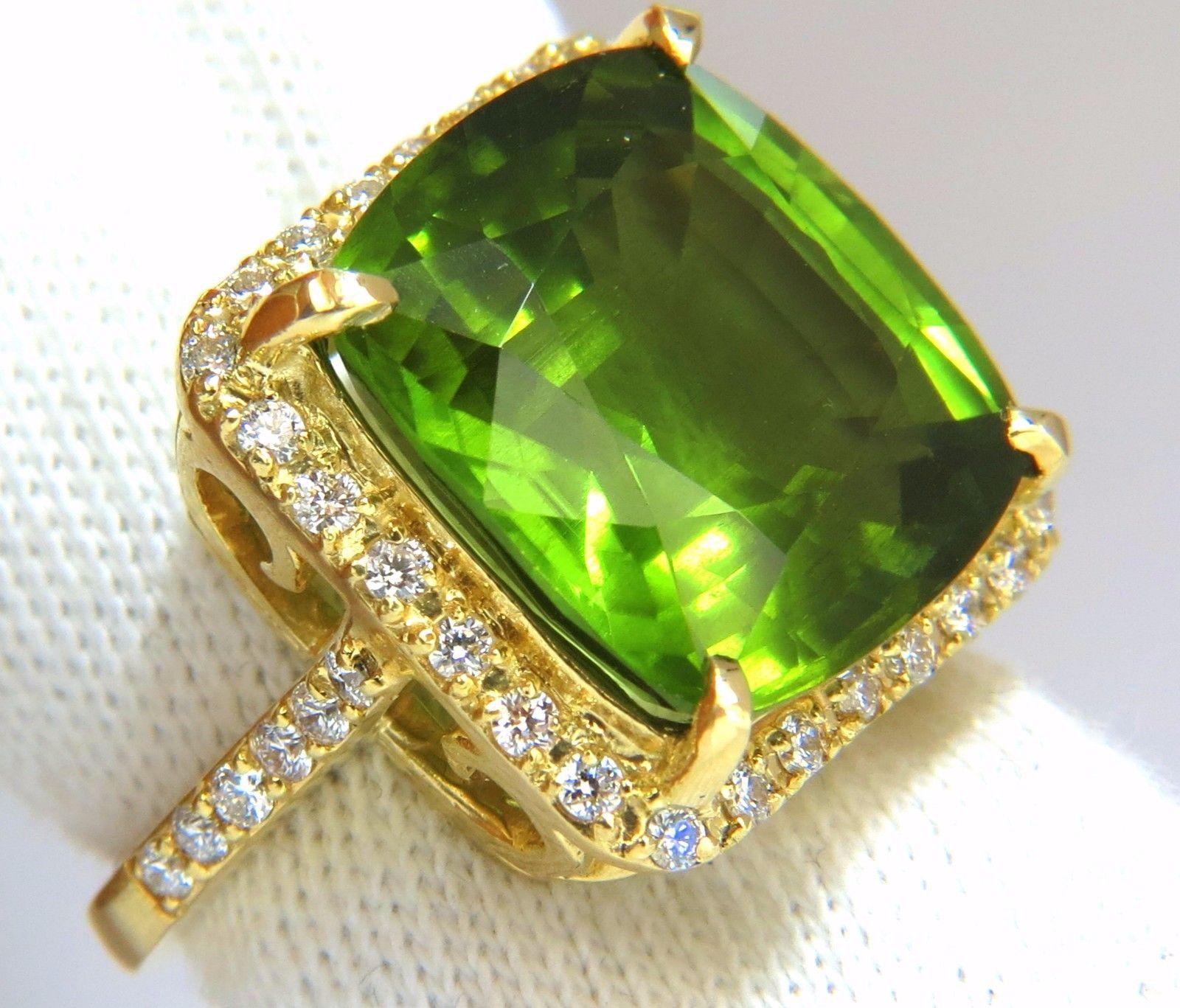 Cushion Cut GIA 19.30 Carat Natural Vivid Green Cushion Peridot Diamond Ring Halo 18 Karat