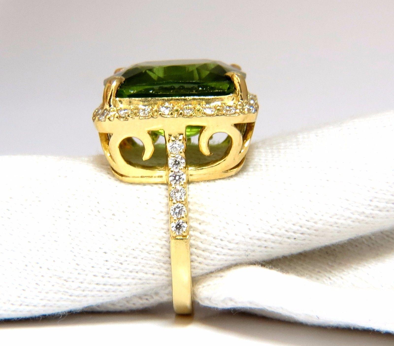 GIA 19.30 Carat Natural Vivid Green Cushion Peridot Diamond Ring Halo 18 Karat 1