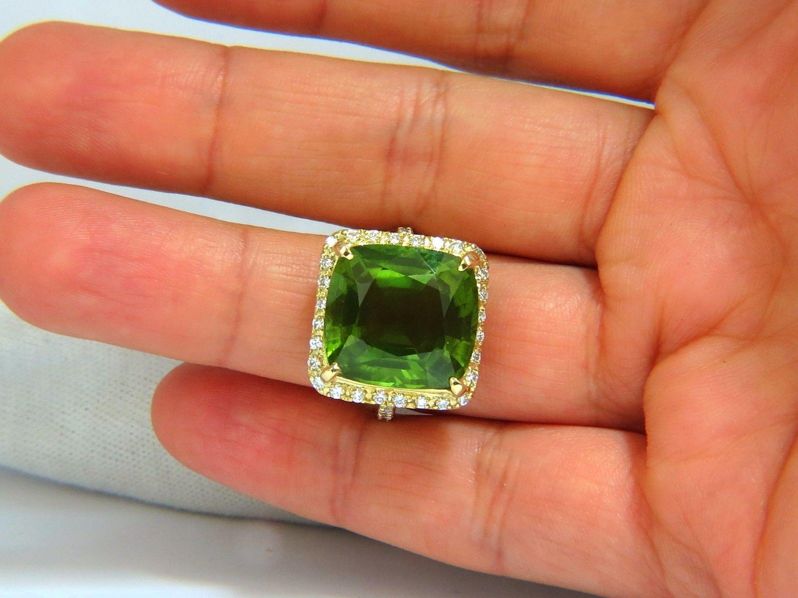 GIA 19.30 Carat Natural Vivid Green Cushion Peridot Diamond Ring Halo 18 Karat 2