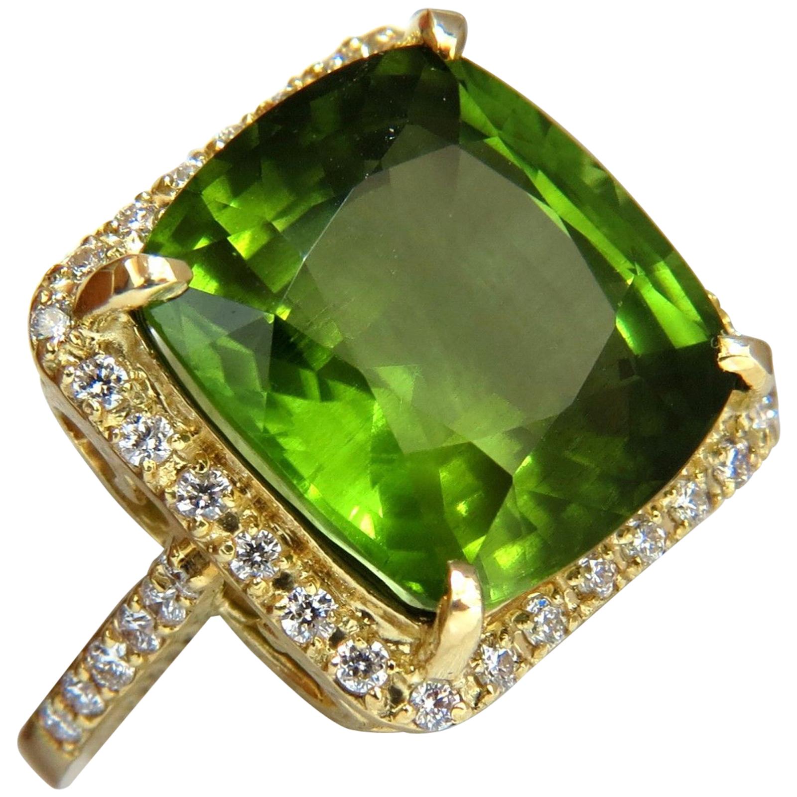 GIA 19.30 Carat Natural Vivid Green Cushion Peridot Diamond Ring Halo 18 Karat