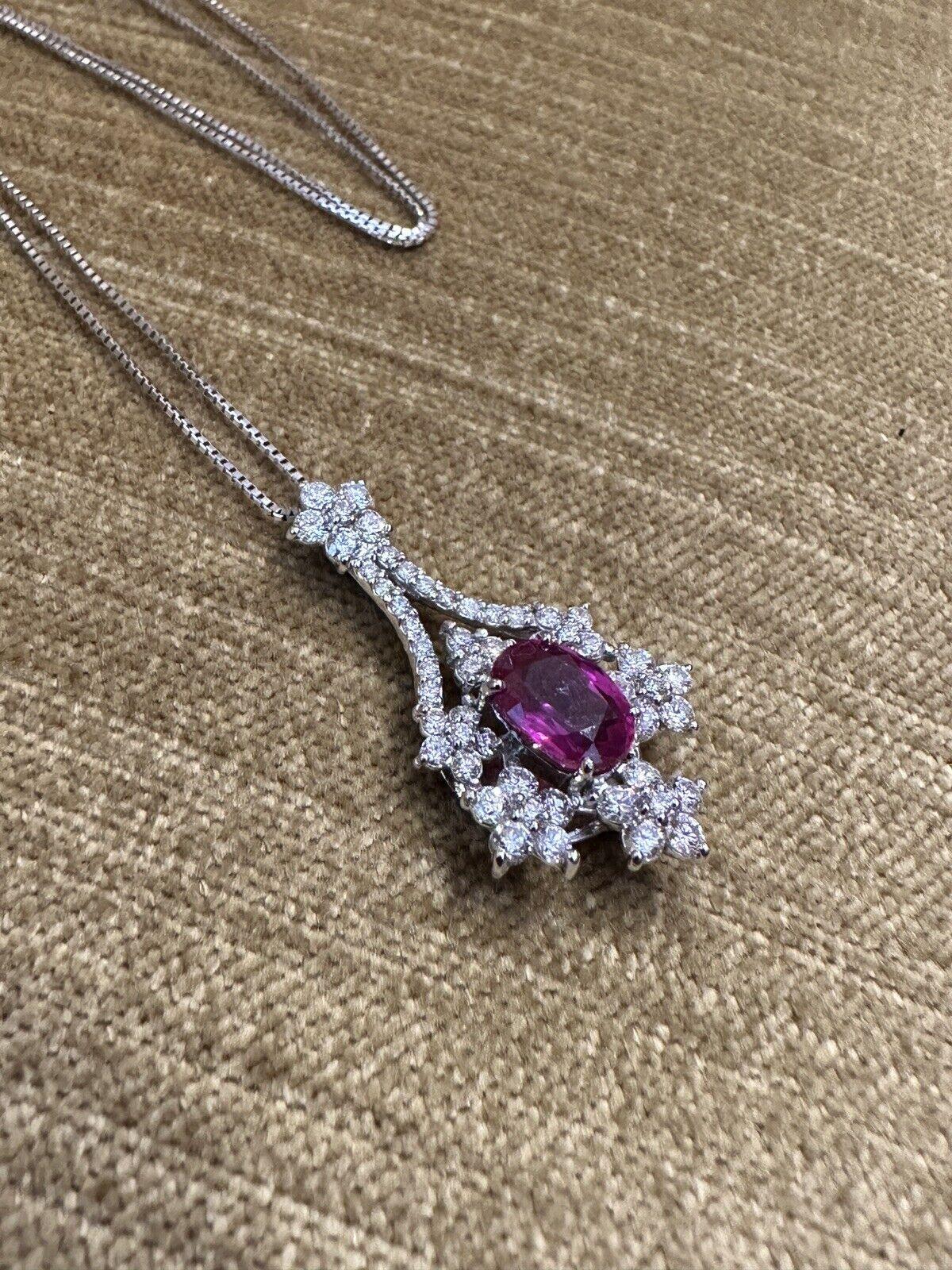 GIA 1.94 Unheated Ruby Pendant Necklace with Round Diamonds in Platinum For Sale 1