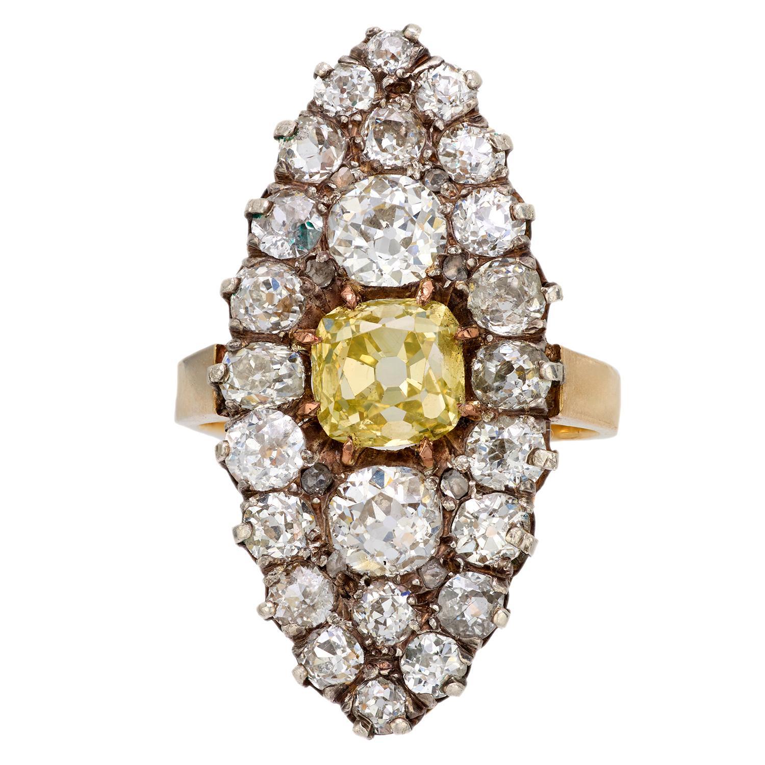 Edwardian GIA 1.95 carat old mine cut fancy intense yellow diamond 18k gold silver ring