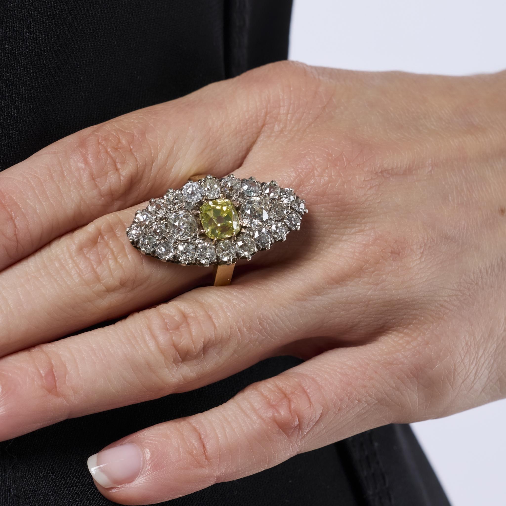 Old Mine Cut GIA 1.95 carat old mine cut fancy intense yellow diamond 18k gold silver ring