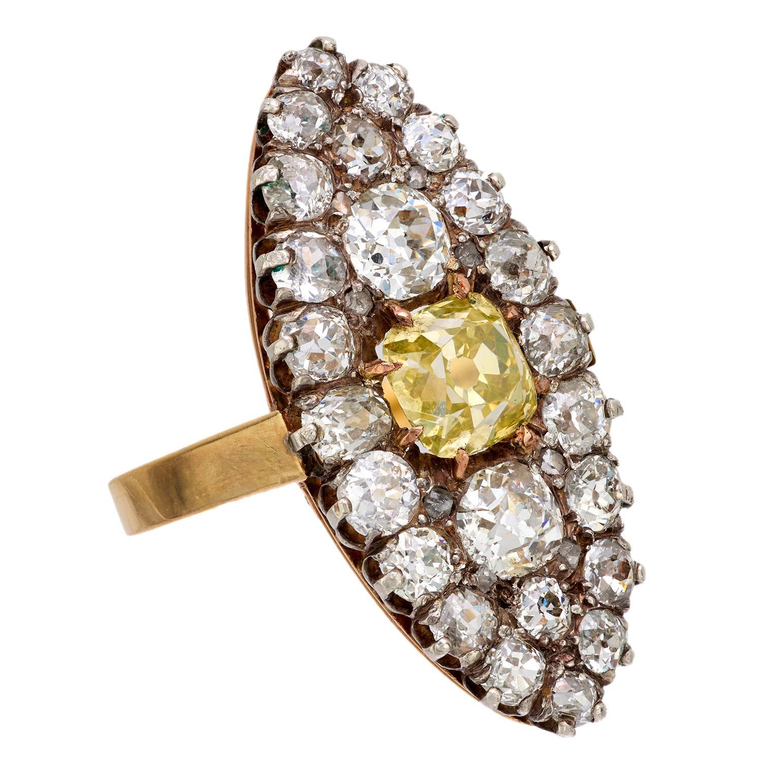 GIA 1.95 carat old mine cut fancy intense yellow diamond 18k gold silver ring In Good Condition In Beverly Hills, CA