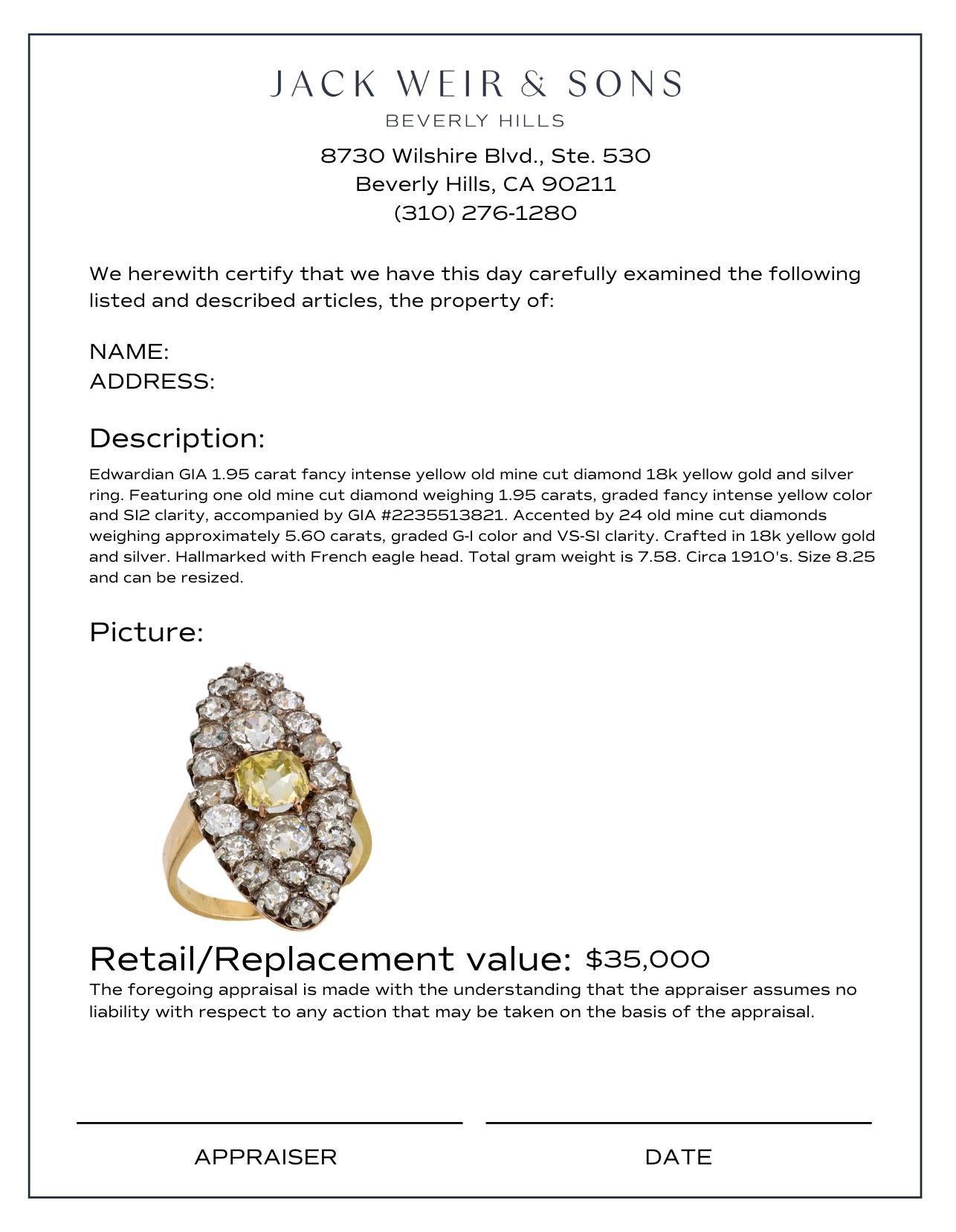 GIA 1.95 carat old mine cut fancy intense yellow diamond 18k gold silver ring 1