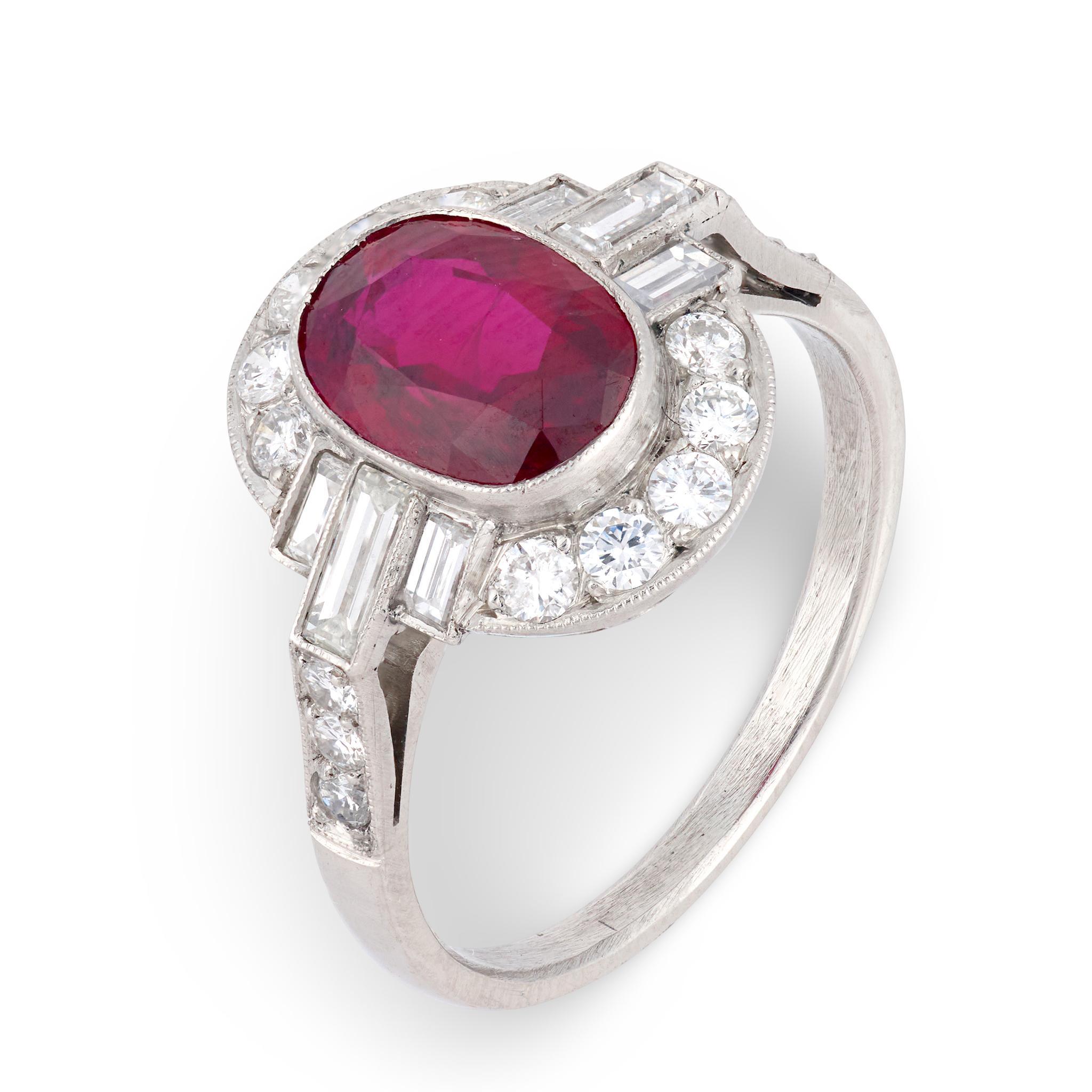 GIA 1.95 carat oval cut ruby diamond platinum ring For Sale