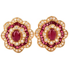 GIA 1980s Flower Ruby Diamond 18 Karat Yellow Gold Clip-On Earrings GIA 1980s Flower Ruby Diamond 18 Karat Yellow Gold Clip-On Earrings