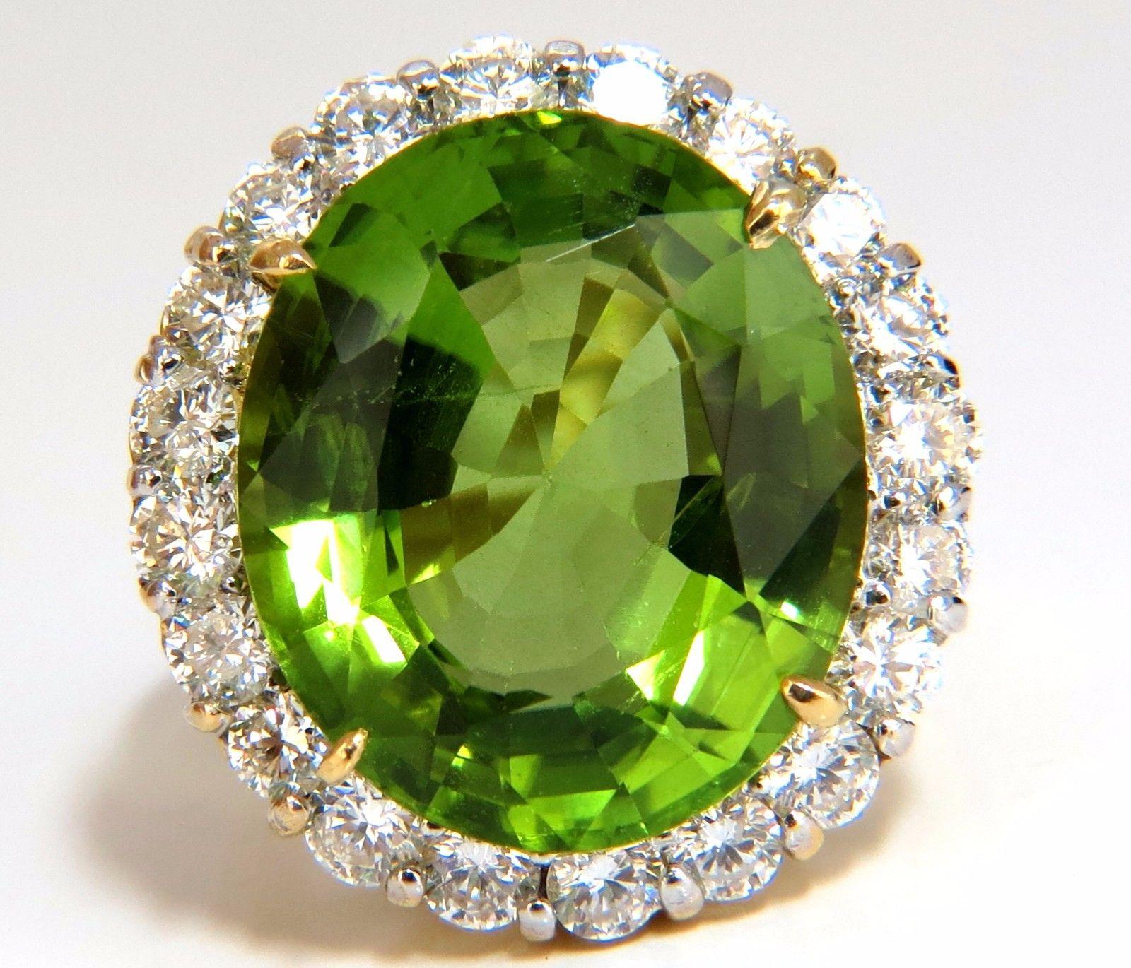 GIA 19.89 Carat Natural Vivid Green Oval Peridot Diamond Ring Halo 18 Karat 6