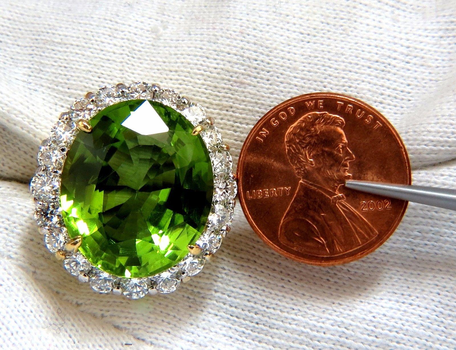 Cushion Cut GIA 19.89 Carat Natural Vivid Green Oval Peridot Diamond Ring Halo 18 Karat