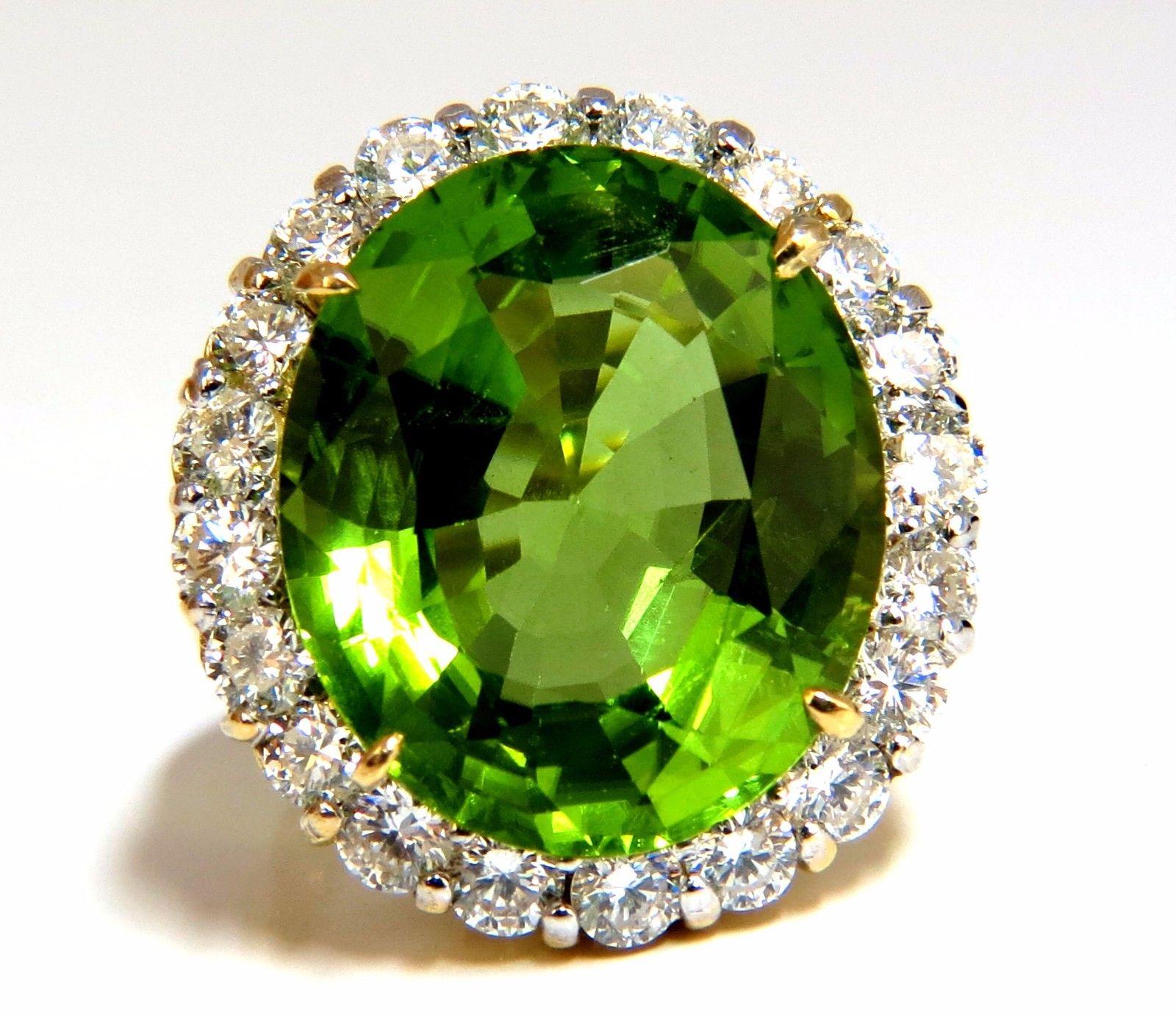 GIA 19.89 Carat Natural Vivid Green Oval Peridot Diamond Ring Halo 18 Karat 1
