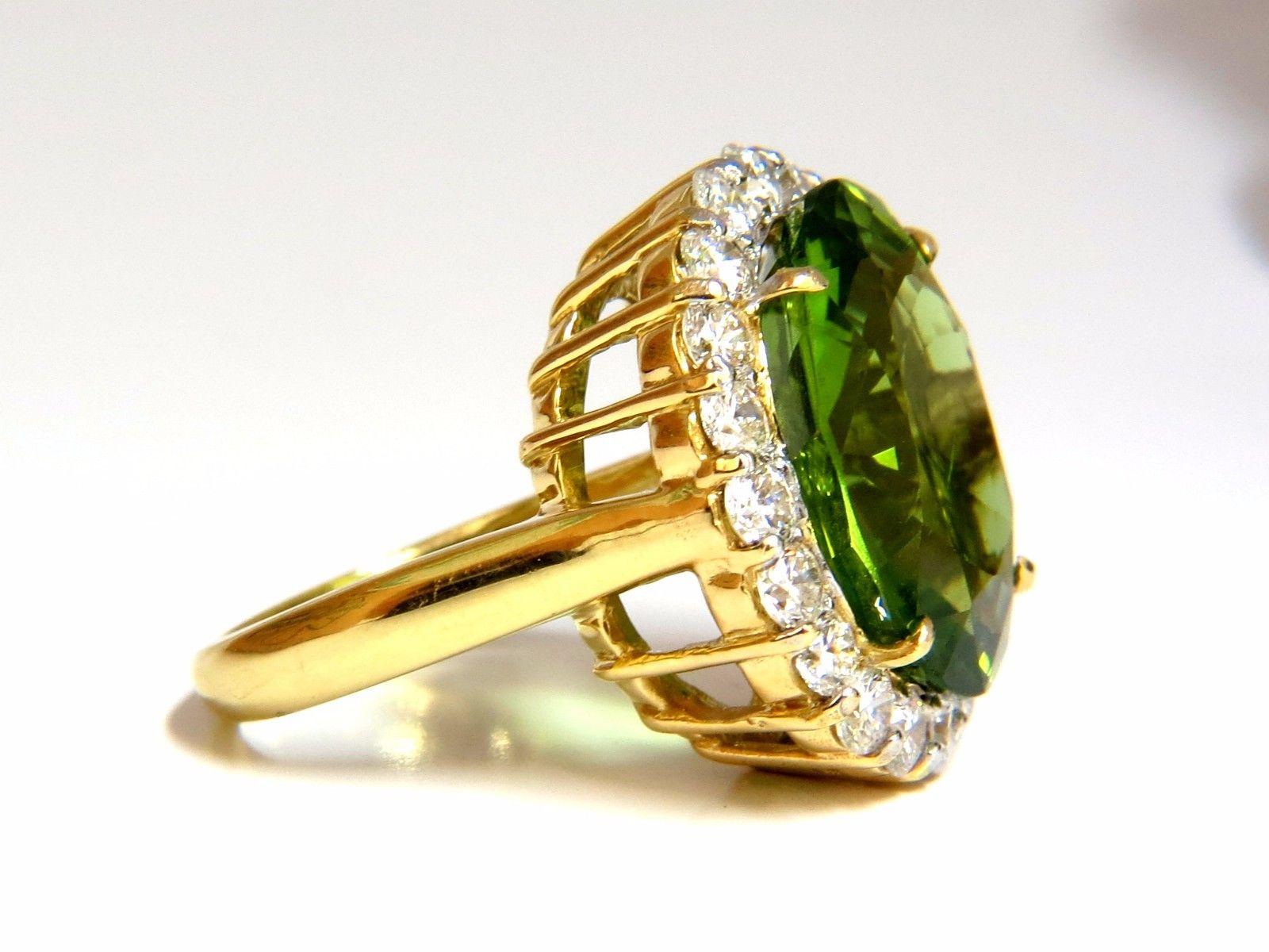GIA 19.89 Carat Natural Vivid Green Oval Peridot Diamond Ring Halo 18 Karat 3