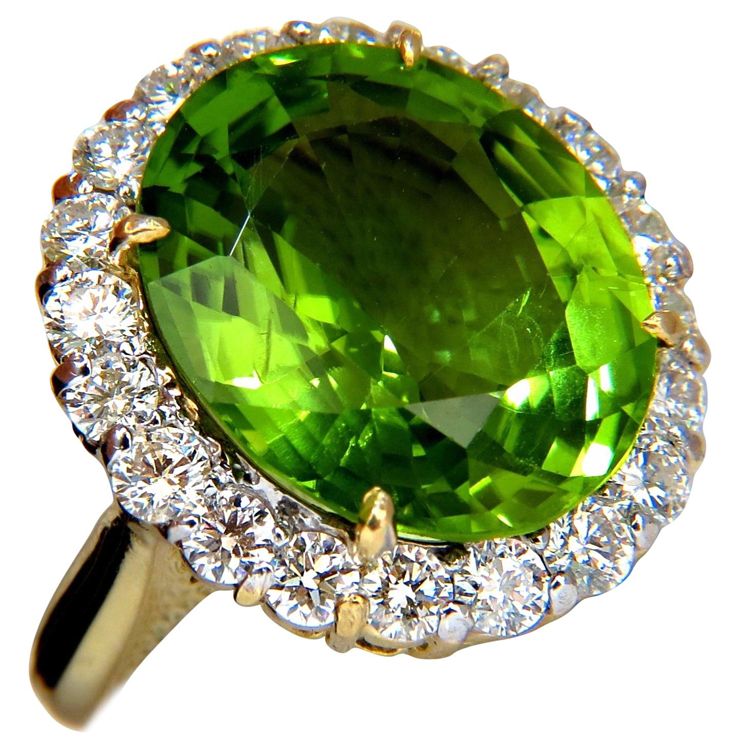 GIA 19.89 Carat Natural Vivid Green Oval Peridot Diamond Ring Halo 18 Karat