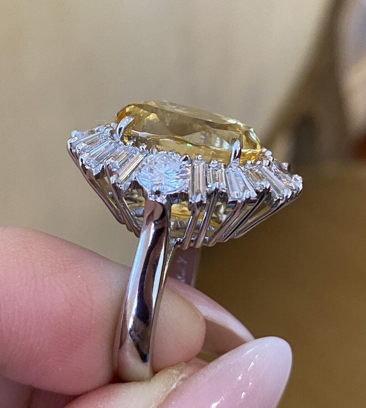 GIA 19.89 Carat Unheated Yellow Sapphire and Diamond Ring in Platinum For Sale 4