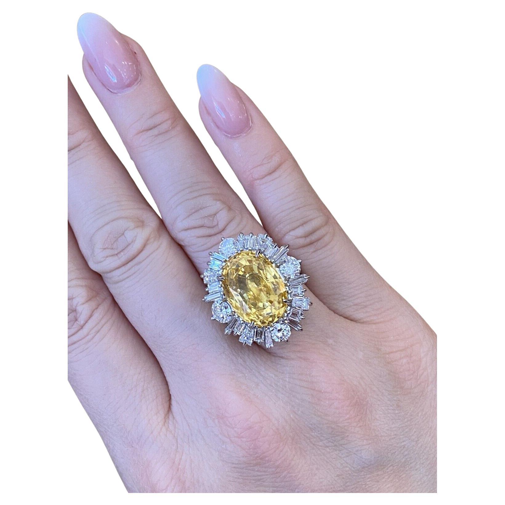 GIA 19.89 Carat Unheated Yellow Sapphire and Diamond Ring in Platinum For Sale