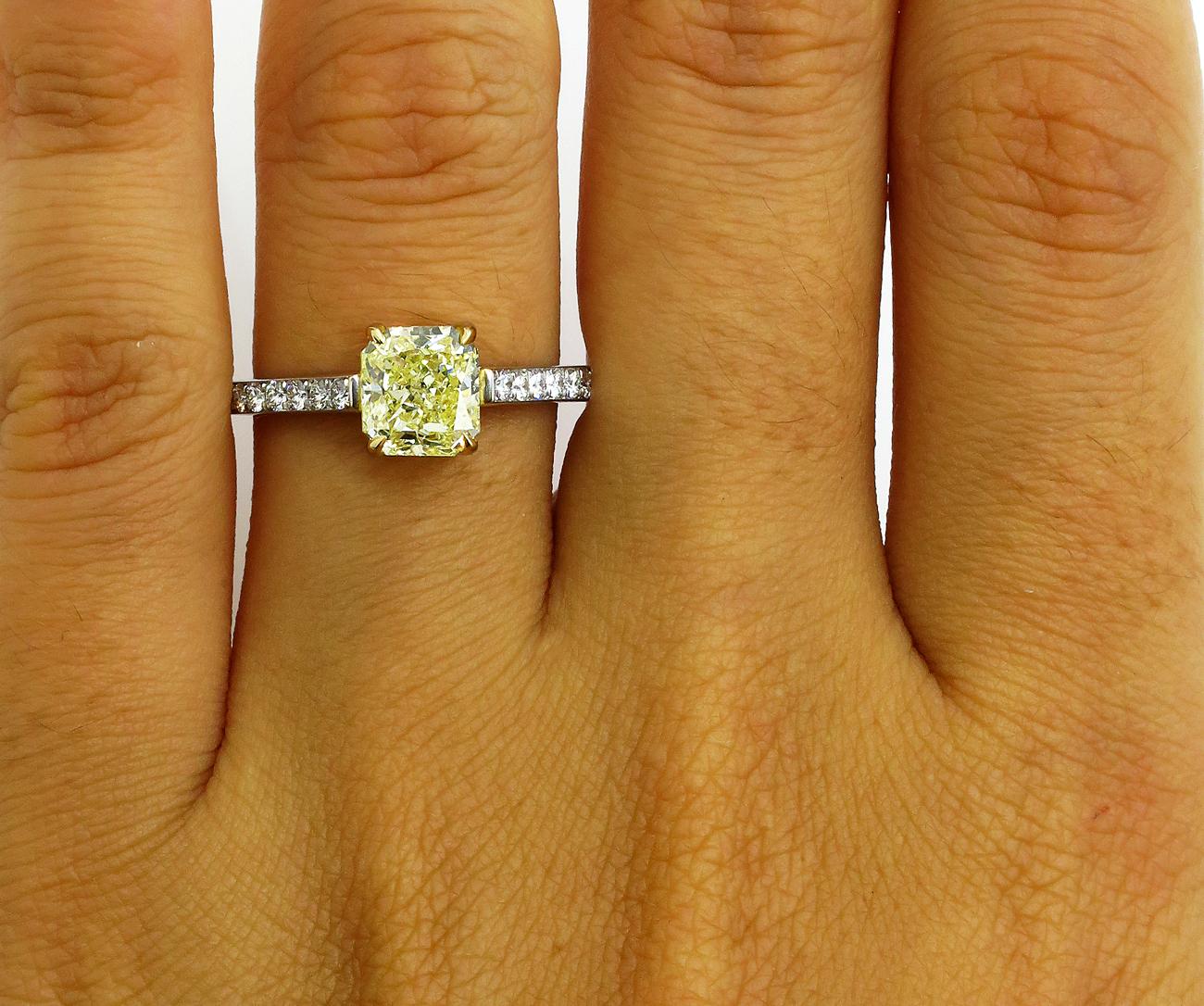 GIA 1.98 Carat Fancy Yellow Radiant Cut Diamond Solitaire Platinum Ring For Sale 3