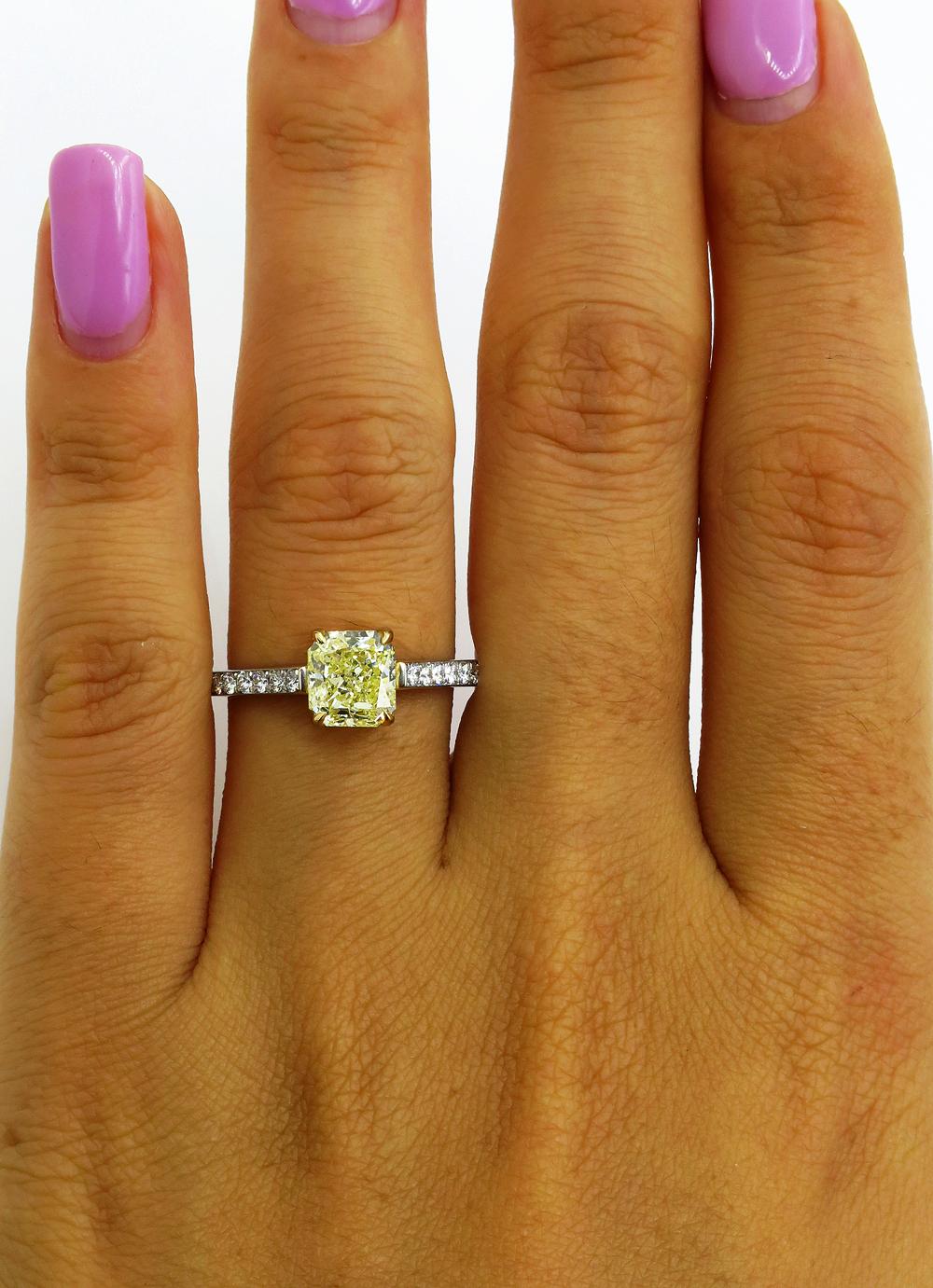 GIA 1.98 Carat Fancy Yellow Radiant Cut Diamond Solitaire Platinum Ring For Sale 4