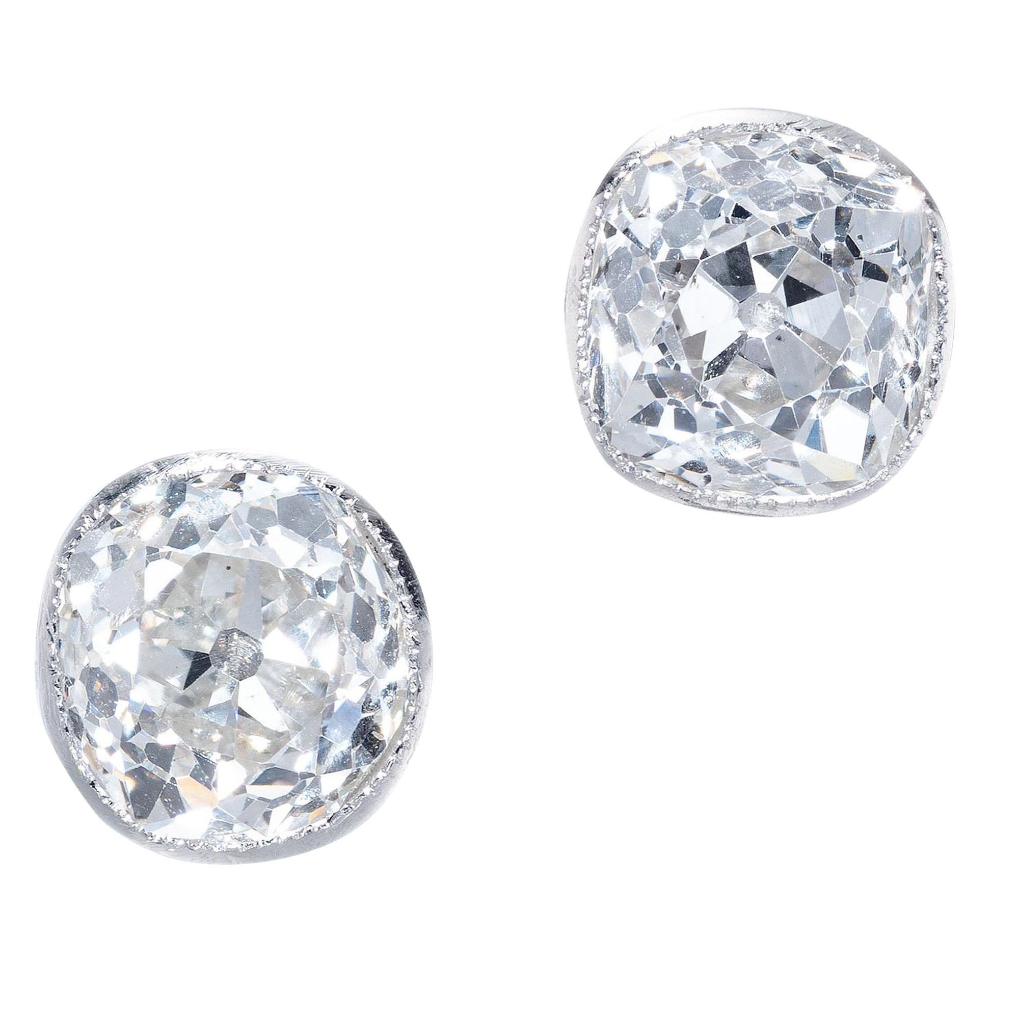GIA 1.99 Carat Old Mine Brilliant Cut Diamond Bezel Stud Platinum Earrings