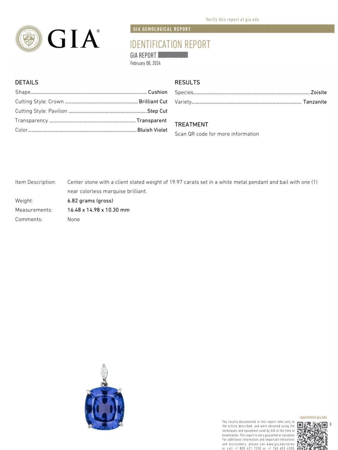 Cushion Cut GIA 19.97 carat Cushion Tanzanite Ring with Diamond Halo in Platinum For Sale
