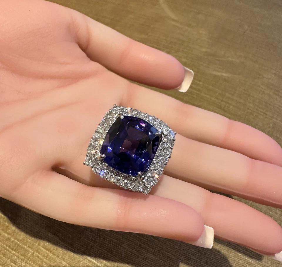 GIA 19.97 carat Cushion Tanzanite Ring with Diamond Halo in Platinum In Excellent Condition For Sale In La Jolla, CA