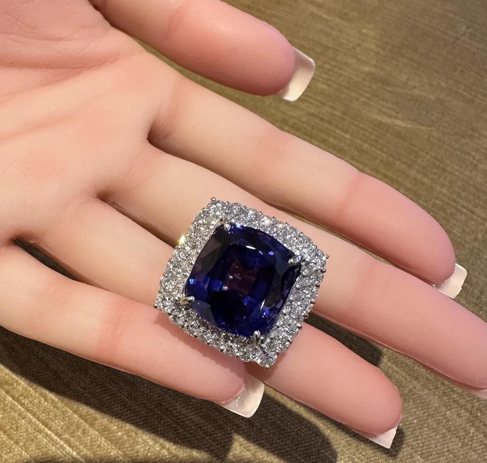 GIA 19.97 carat Cushion Tanzanite Ring with Diamond Halo in Platinum For Sale 4